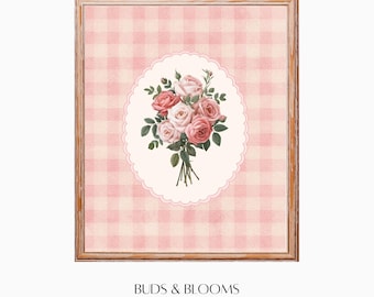Stampa a quadretti rosa e rosa vintage per cameretta dei bambini - Stampabile in stile fattoria per cameretta delle bambine