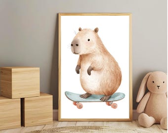 Arte de parede imprimível de capivara skatista - Download digital para quarto infantil com estampa de animal skatista.