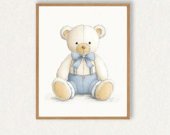 Teddybär-Kinderzimmer-Druck Vintage junge Wand Kunst Aquarell Teddy Illustration blau klassische Kinderzimmer druckbare digitale Download