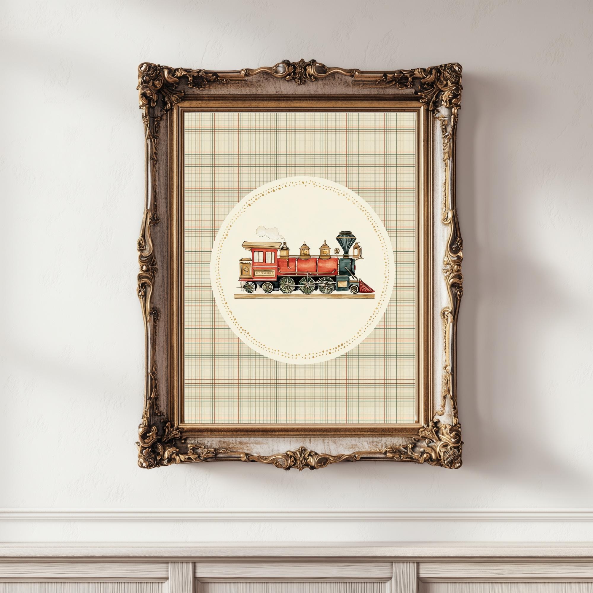 May include: A framed print featuring a watercolor illustration of a vintage red and black steam train. The train is centered on a cream-colored circle with a decorative border, set against a plaid background. The ornate gold frame adds a classic touch.