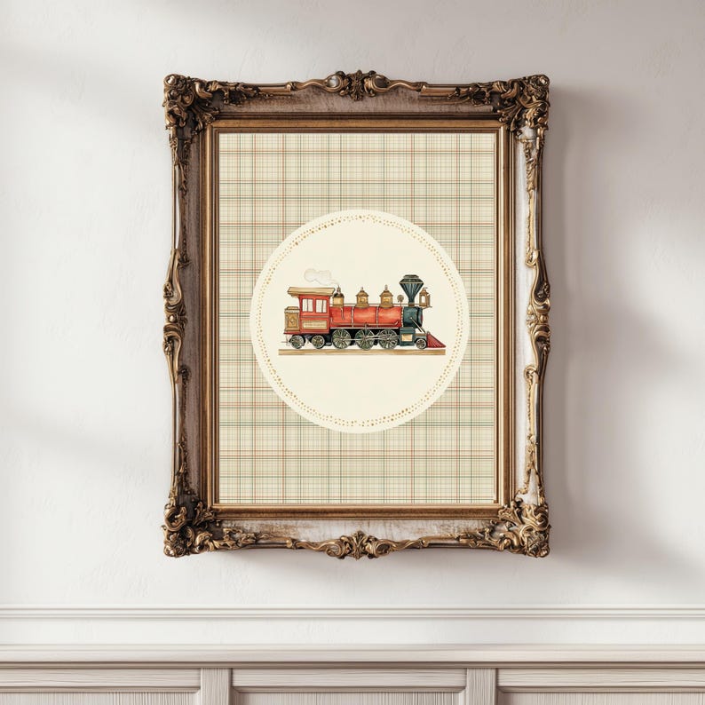 May include: A framed print featuring a watercolor illustration of a vintage red and black steam train. The train is centered on a cream-colored circle with a decorative border, set against a plaid background. The ornate gold frame adds a classic touch.