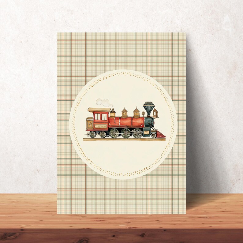 May include: A vintage-style print featuring a red and black steam train illustration. The train is set against a cream-colored circle with a dotted border, on a plaid background. The artwork is displayed on a wooden surface.