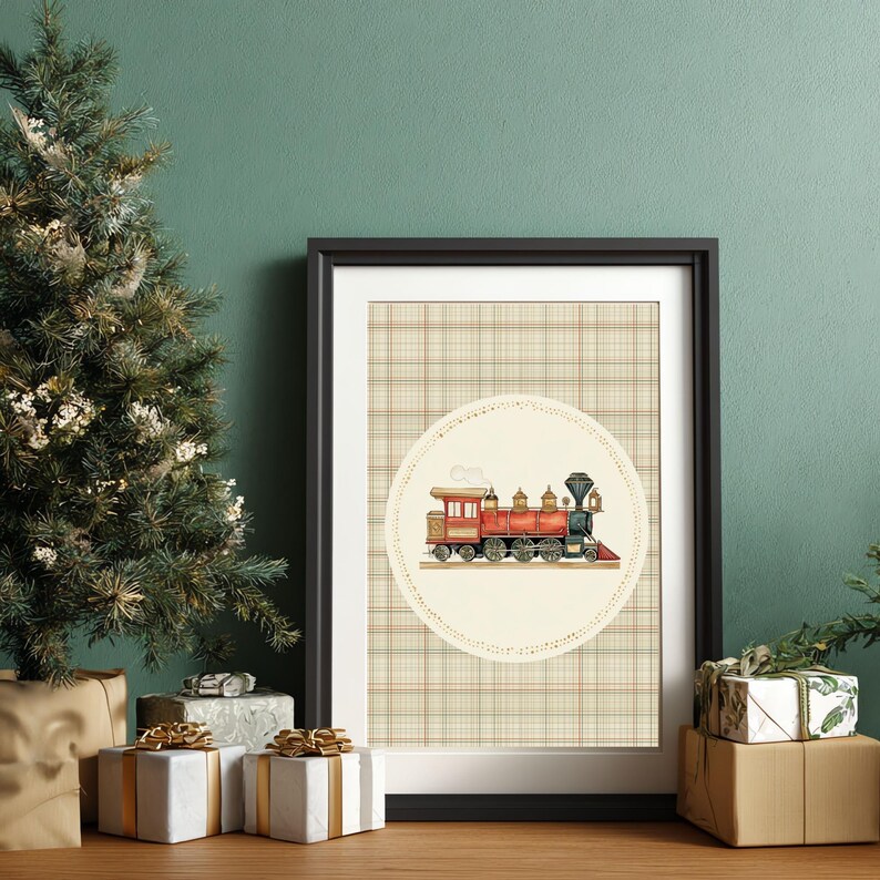 May include: Framed artwork featuring a watercolor illustration of a vintage red and black train. The train is set against a cream-colored circle with a dotted border, on a plaid background. The artwork is in a black frame.