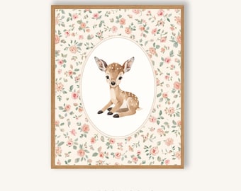 Woodland Nursery Wall Art: Sitting Fawn Floral Print, Baby Deer Illustration Printable Farmhouse Prints
