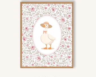 Goose Illustration Nursery Wall Art, Floral Farmhouse Print, Animal Print Cottagecore Baby Room Decor