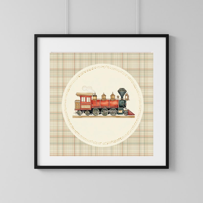 May include: A framed print featuring a vintage train illustration. The train is primarily red with black and gold accents, set against a cream-colored circle with a dotted border. The background is a plaid pattern in beige, red, and green.