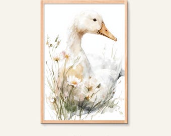 Watercolor Goose in Meadow Nursery Print, Botanical Farm Animal Wall Art Download Kids Room