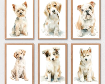 Puppy Wall Art Bundle, 6 Watercolor Dog Prints SET, Nursery Animal Decor Instant Download