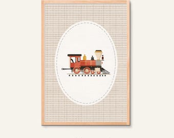 Vintage Train Wall Art Nursery - Red Train Print Boy Room Locomotive Printable Decor Gingham