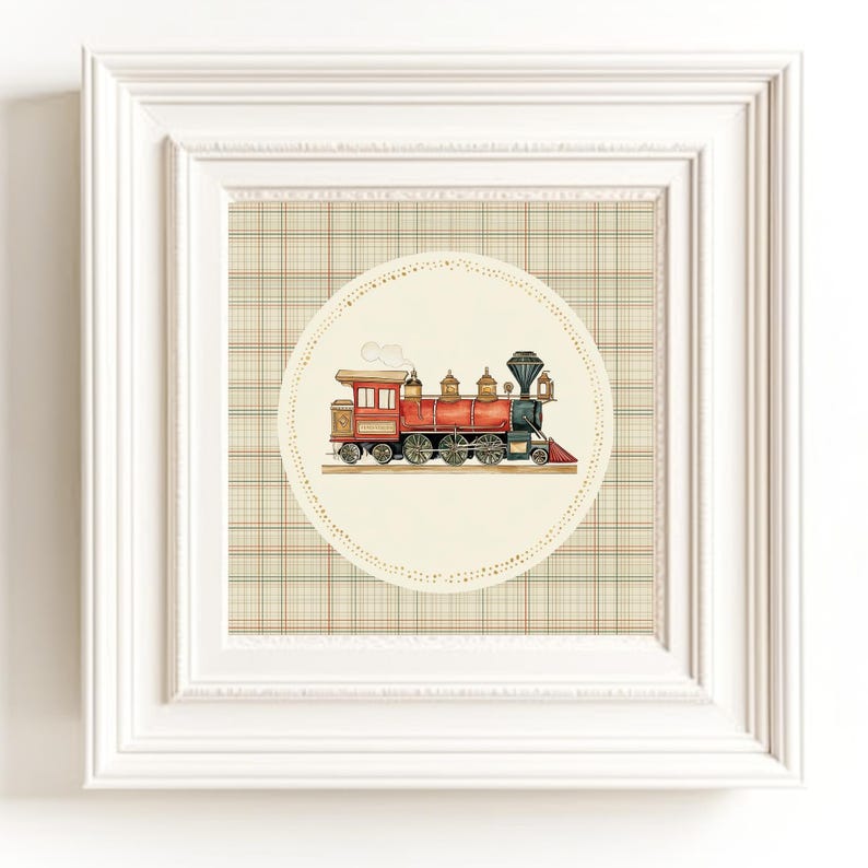 May include: A framed print featuring a vintage illustration of a red and black steam train. The train is set against a cream-colored circle with a dotted border, placed on a plaid background. The frame is white.