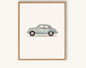 Arte murale stampabile con auto blu d'epoca / Illustrazione minimalista di un'automobile retrò / Decorazione per la cameretta dei bambini