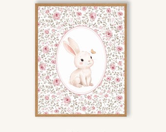 Vintage Bunny Nursery Wall Art Printable | Soft Floral Baby Room Decor Download
