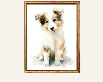 Border Collie valp akvarelltryck, hund väggkonst barnrum, djurkonst barnrum utskrivbar