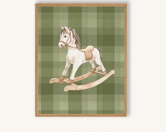 Rocking Horse Nursery Wall Art Printable, Green Gingham Nursery Decor, Vintage Toy Horse