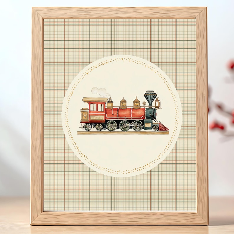May include: Framed print featuring a vintage steam train illustration. The train is primarily red with black and gold accents, set against a cream-colored circle with a dotted border. The background is a plaid pattern in beige, red, and green.