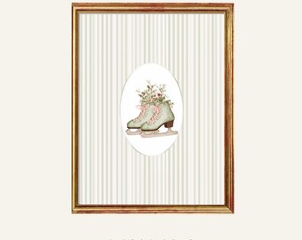 Ice Skates Wall Art Printable - Winter Floral Watercolor Print Christmas Illustration Nursery & Home