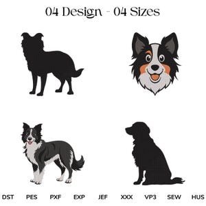 May include: A collection of four dog designs, including a silhouette, a detailed face, and a full-body image. The designs are in black and white, with the text "04 Design - 04 Sizes" at the top.