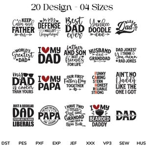 Può includere: Una collezione di 20 diversi design per la festa del papà, con frasi come "Miglior papà di sempre", "Ti amo papà" e "Papà più fantastico del mondo". I design sono in bianco e nero.