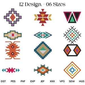 Puede incluir: Un fondo blanco muestra 12 diseños geométricos en varios colores, incluyendo rojo, azul, naranja y verde. El texto "12 Design - 06 Sizes" está en la parte superior. La fila inferior muestra formatos de archivo: DST, PES, PXF, EXP, JEF, XXX, VP3, SEW, HUS.