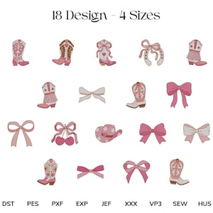 Könnte beinhalten: Ein Bild mit 18 Designs in 4 Größen. Die Designs umfassen Cowboystiefel, Schleifen, ein Hufeisen mit einer Schleife, einen Cowboyhut und Kirschen. Die Designs sind in Rosa-, Braun- und Beigetönen gehalten. Der Text "18 Design - 4 Sizes" steht oben.