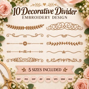 Paquete de diseño de bordado de divisor decorativo, 10 archivos de máquina de líneas ornamentales en espiral, varios tamaños, descarga instantánea dst, pes, exp, jep,