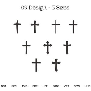 May include: Nine black cross designs in various styles are displayed on a white background. The text "09 Design - 5 Sizes" is at the top. Below the crosses are abbreviations: DST, PES, PXF, EXP, JEF, XXX, VP3, SEW, and HUS.
