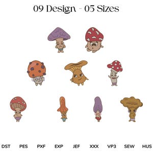 Peut inclure: Une collection de neuf motifs de champignons de dessins animés de différentes couleurs et styles. Chaque champignon a une expression unique et porte de petites tenues. Le texte "09 Design - 05 Sizes" est en haut. En bas, des abréviations de types de fichiers.