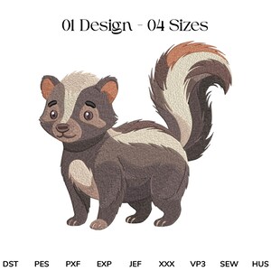 May include: An embroidery design of a cartoon skunk with brown and cream fur, featuring a large bushy tail and a white stripe down its back. The text 01 Design - 04 Sizes appears at the top, with file formats DST, PES, PXF, EXP, JEF, XXX, VP3, SEW, HUS listed below.