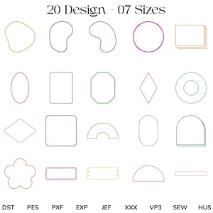 Puede incluir: Imagen que muestra 20 contornos de diseño en varias formas, incluyendo círculos, rectángulos y formas orgánicas. El texto en la parte superior dice "20 Design - 07 Sizes". Los contornos son de varios colores, incluyendo amarillo, negro, rojo, verde y morado.