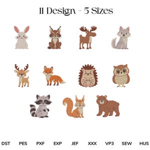 Puede incluir: Imagen con once diseños bordados de animales, incluyendo un conejo, un zorro, un oso y un búho. El texto "11 Design - 5 Sizes" está en la parte superior, con abreviaturas de formatos de archivo en la parte inferior.