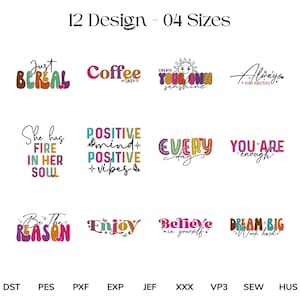 Könnte beinhalten: Ein Bild mit 12 verschiedenen Designs in 4 Größen. Jedes Design enthält aufbauende Sätze wie „Just Be Real“, „Coffee Mode“ und „Create Your Own Sunshine“. Die Designs sind in einem farbenfrohen, skurrilen Stil gehalten, ideal für inspirierende Produkte.