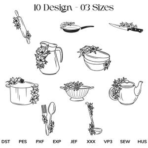 May include: Black and white line art illustrations of kitchen tools, including a rolling pin, frying pan, knife, pitcher, bowl, pot, colander, teapot, fork, and spoon. Each item is decorated with floral accents. Text at the top reads "10 Design - 03 Sizes."