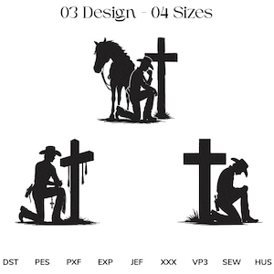 May include: Black and white silhouette designs featuring a cowboy kneeling before a cross, with a horse in one design. The text "03 Design - 04 Sizes" is at the top, with file type abbreviations at the bottom.