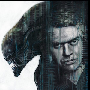 May include: A black and white pencil drawing of a man's face with a futuristic, digital design. The man's face is partially obscured by a creature from the movie Alien.