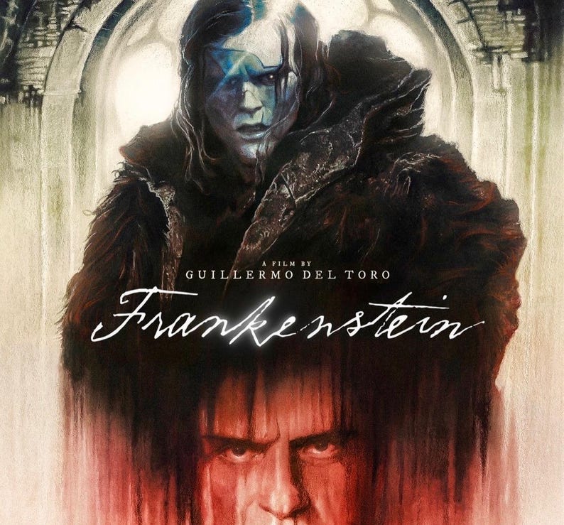 May include: A movie poster for "Frankenstein" by Guillermo Del Toro. The artwork features a portrait of a person with blue face paint and dark hair, set against a gothic arch background. The title is written in a stylized script.