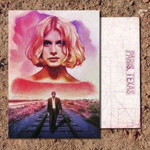 May include: A vintage-style postcard with a faded image of a woman with blonde hair and a man walking on a railroad track. The text "PARIS, TEXAS" is printed on the postcard.
