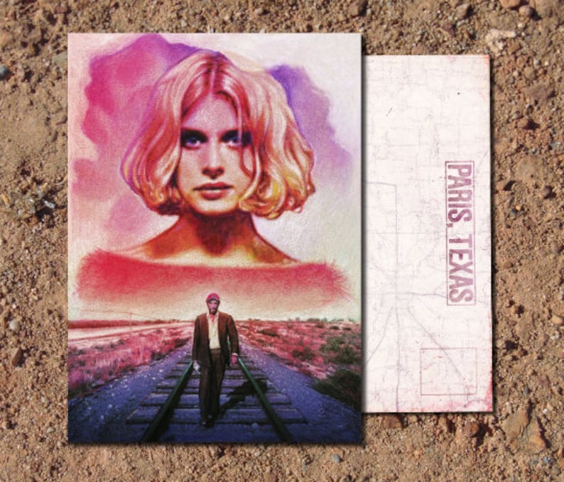 May include: A vintage-style postcard with a faded image of a woman with blonde hair and a man walking on a railroad track. The text "PARIS, TEXAS" is printed on the postcard.