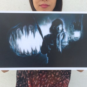 May include: A black and white illustration of a person holding a flashlight, facing a large, toothy creature with a glowing mouth. The image is a dark, moody depiction of a monster.