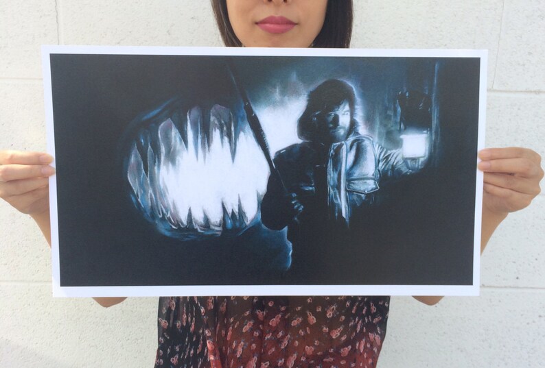 May include: A black and white illustration of a person holding a flashlight, facing a large, toothy creature with a glowing mouth. The image is a dark, moody depiction of a monster.