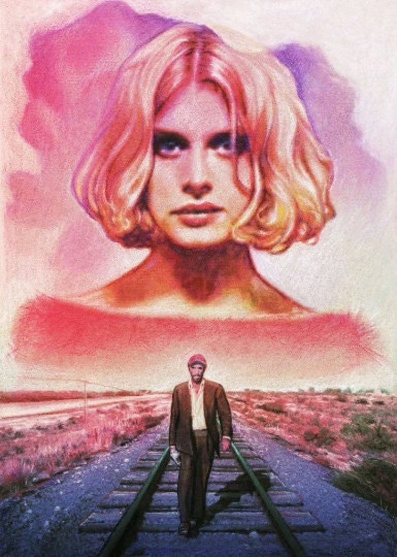 May include: A woman with blonde hair and a pink and purple background is looking at the camera. A man in a brown suit is walking on a railroad track in the foreground.