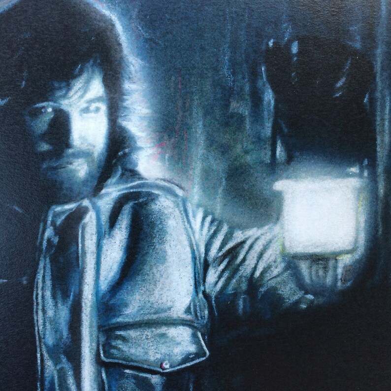 May include: A black and white painting of a man with a serious expression. He is wearing a dark jacket and has his hand raised, as if he is reaching out to someone. The background is dark and blurry.