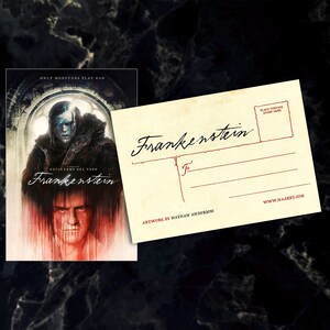 May include: A postcard and a book cover featuring the word "Frankenstein". The postcard has the word "Frankenstein" in cursive, with a space for a stamp and address. The book cover has the title "Frankenstein" and a portrait of a man.