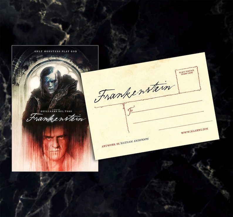 May include: A postcard and a book cover featuring the word "Frankenstein". The postcard has the word "Frankenstein" in cursive, with a space for a stamp and address. The book cover has the title "Frankenstein" and a portrait of a man.
