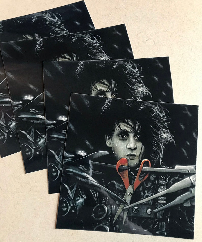 May include: A black and white illustration of a man with long, dark hair holding a pair of red scissors. The man is surrounded by a variety of scissors, all of which are black and white.