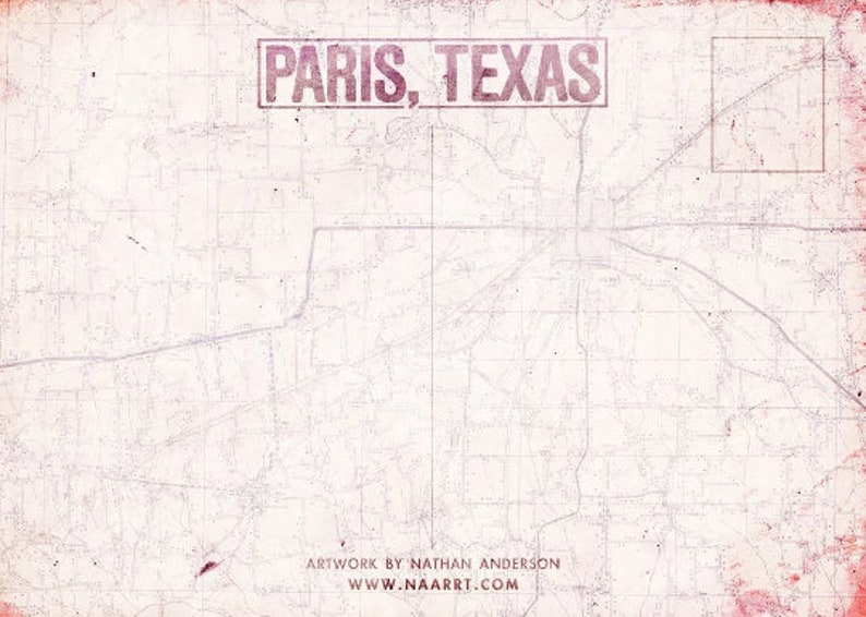 May include: A vintage-style map of Paris, Texas, with a faded, distressed look. The map is printed on a white background with light pink lines and text. The text "PARIS, TEXAS" is printed in a bold, red font at the top of the map. The text "ARTWORK BY NATHAN ANDERSON" and "WWW.NAARRT.COM" is printed at the bottom of the map.