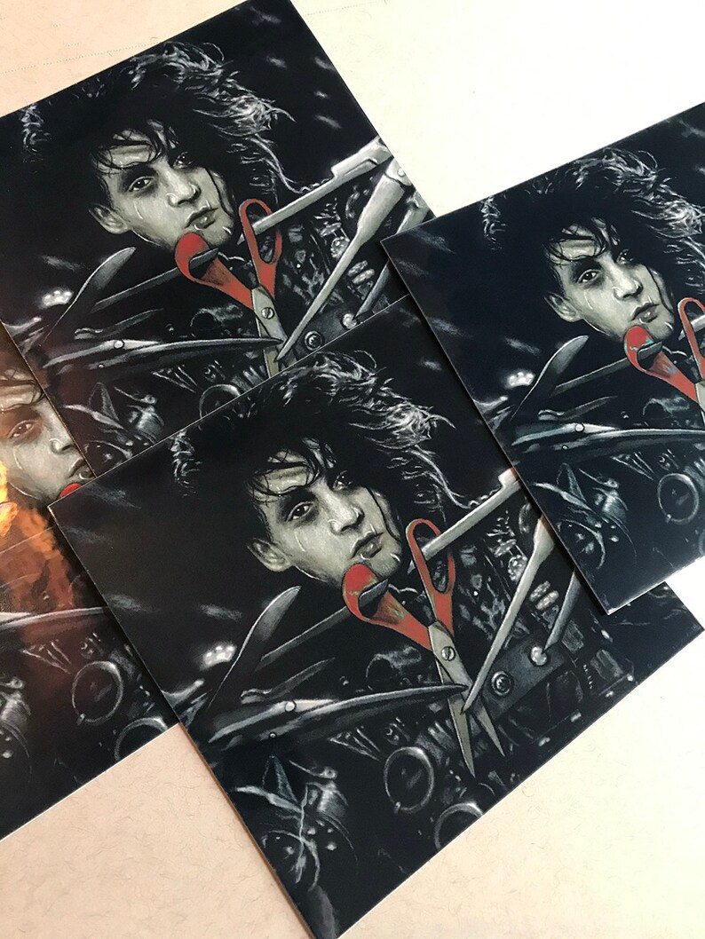 May include: A black and white illustration of a man with dark hair and a pale complexion. He is surrounded by scissors, some of which are open and have red handles. The image is a dark and moody depiction of a man trapped in a dangerous situation.