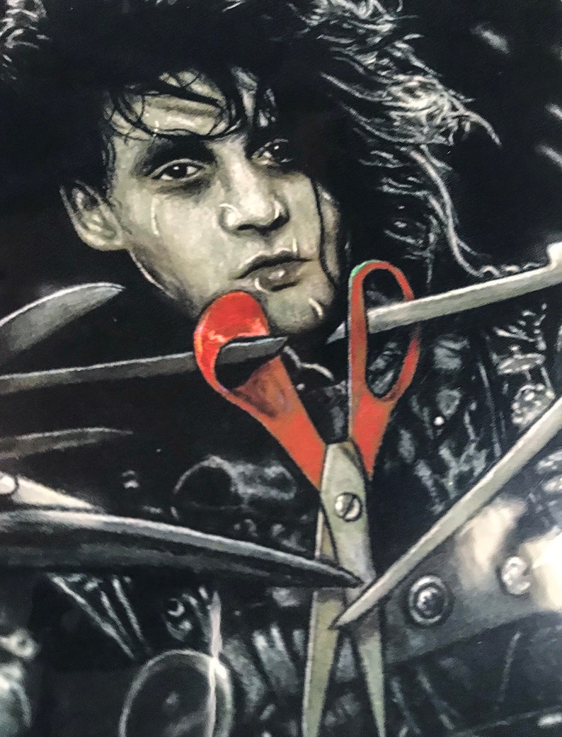 May include: A black and white illustration of a man with long black hair, wearing a black leather jacket. He is holding a pair of red scissors to his mouth. The scissors are partially obscured by his hair.