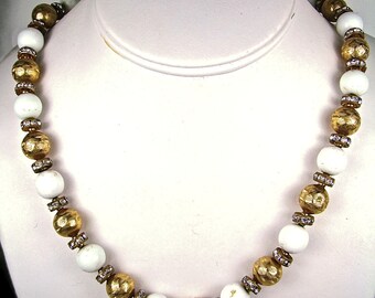 Woman's Vintage Round Brass and White glass Beaded Necklace