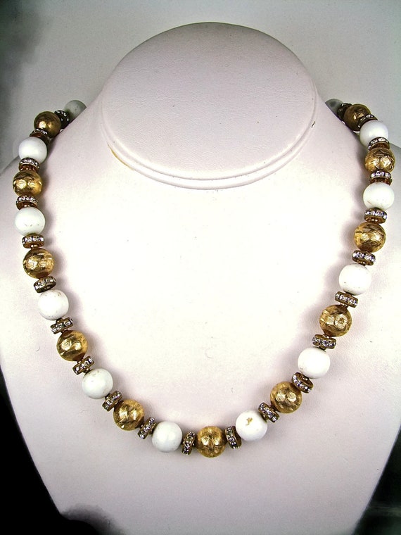 Woman's Vintage Round Brass and White glass Beaded