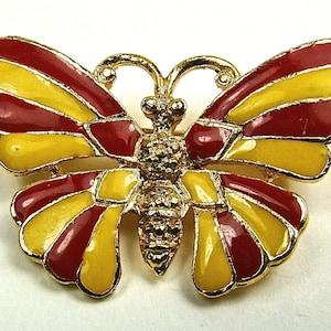 Vintage Red & Yellow Enamel Butterfly Pin - Gold Tone Metal - 1 1/2&quot; Wide